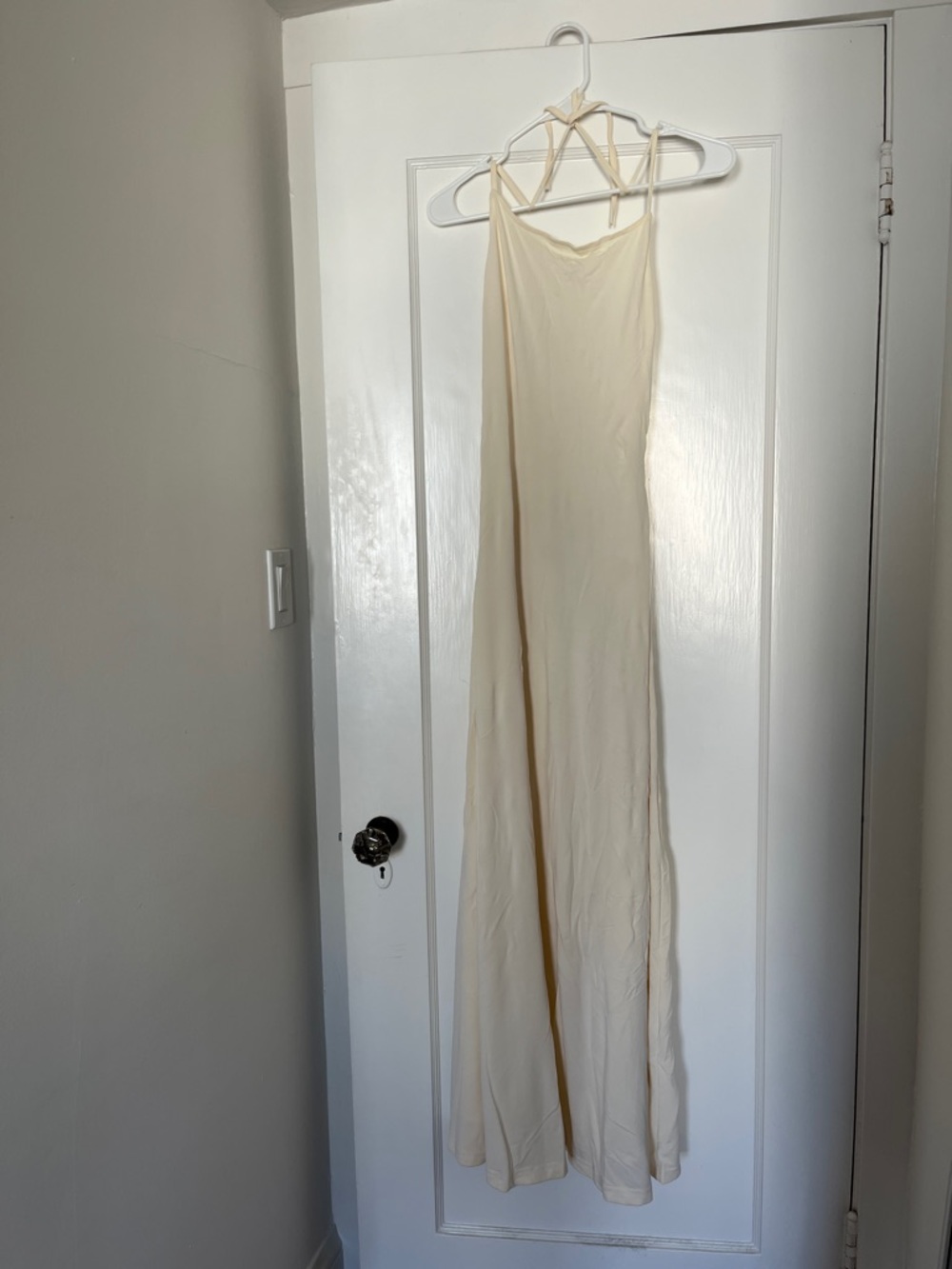 Halter open back Maxi Dress gown in off white with gems